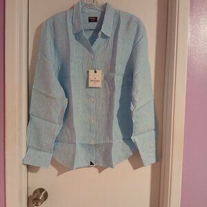 Untuckit Women's  Sherry Linen Stripped Long sleeve Button Down Shirt SZ…